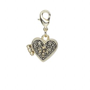 Drop, antique gold-finished "pewter" (zinc-based alloy), 15x13mm heart prayer box with flower design and magnetic closure with lobster claw clasp. Sold individually.