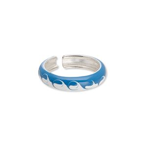 Ring, sterling silver and enamel, blue and white, 4mm wide with wave design, adjustable. Sold individually.