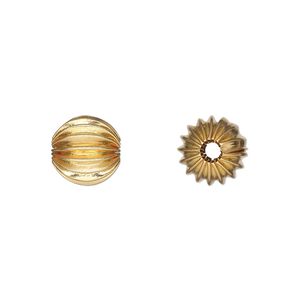 Bead 1pkg10 gold-plated, 9.5mm corrugated round, brass