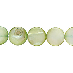 Mother-of-pearl shell 1pkg1, puffed flat round bead 15 inch fern green 11-12mm