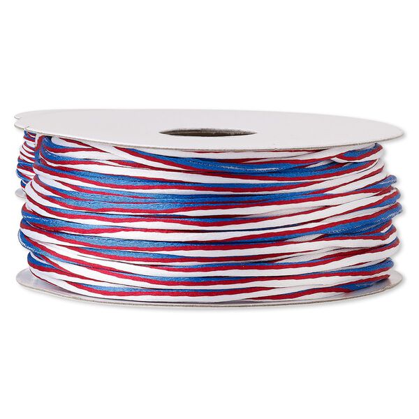 Cord, Satinique&trade;, nylon, red / white / blue, 2mm regular with vertical stripe. Sold per 100-foot spool. image number 0