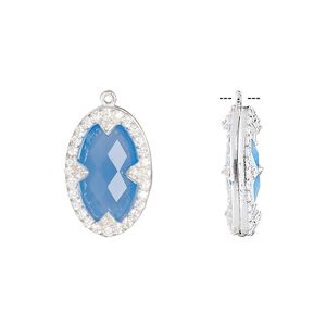 Drop. chalcedony (dyed) / cubic zirconia / sterling silver, clear and blue, 18x12mm double-sided faceted oval. Sold individually.