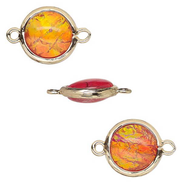 Link, Opalized Ice&trade;, "opal" (resin) and gold-finished brass, orange, 14mm double-sided round. Sold per pkg of 4. image number 0