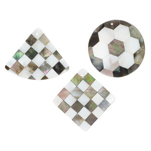 Component and focal mix, black lip shell / mother-of-pearl shell / resin (assembled) 1pkg3, 29x20mm-40x30mm top-drilled 1sided flat mixed shapes with honeycomb and checkerboard pattern.