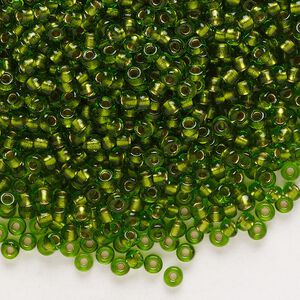 Seed bead, glass, pkg/50g, #8 rocaille, transparent color-lined bronze dark peridot.