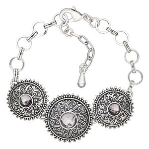 Bracelet, glass rhinestone / antique silver-plated brass / steel / "pewter" (zinc-based alloy), grey, 25mm wide with round, 6-1/2 inches with 1-inch extender chain and lobster claw clasp. Sold individually.