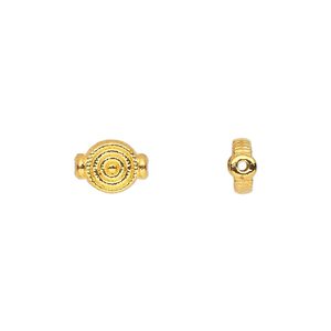 Bead 1pkg50 gold-finished "pewter", 9x7mm flat round / target / 2sided