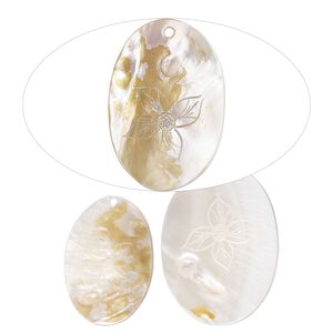 Focal, mother-of-pearl shell (natural/bleached) 1pkg3, 54x38mm-68x50mm top-drilled hand-carved oval with flower design.