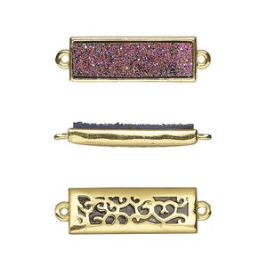Link, Druzylite&trade;, "druzy" (resin) and gold-finished brass, metallic purple, 21x8mm two-sided rectangle with open filigree back. Sold per pkg of 4.