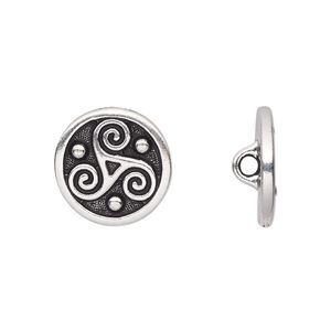 Button, TierraCast&reg;, antique silver-plated pewter (tin-based alloy), 16mm flat round with triskele and loop. Sold per pkg of 20.