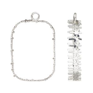 Drop, silver-finished brass, 28.5x21.5mm rectangle with open back and decorative trim with 27x18.5mm emerald-cut setting. Sold per pkg of 4.