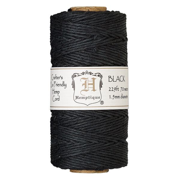 Cord, Hemptique&reg;, polished hemp, black, 1.5mm diameter, 45-pound test. Sold per 229-foot spool. image number 0
