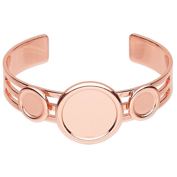 Bracelet, Almost Instant Jewelry&reg;, cuff, copper-plated brass and "pewter" (zinc-based alloy), 25mm wide with (2) 10mm and (1) 20mm round settings, adjustable. Sold individually. image number 0