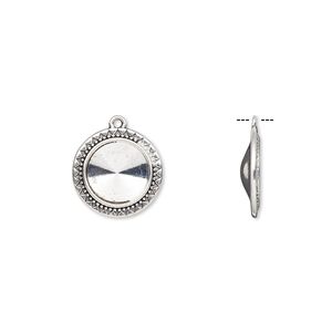 Drop, Almost Instant Jewelry&reg;, antique silver-finished "pewter" (zinc-based alloy), 23mm round with triangle and beaded design with 16mm rivoli setting. Sold per pkg of 6.