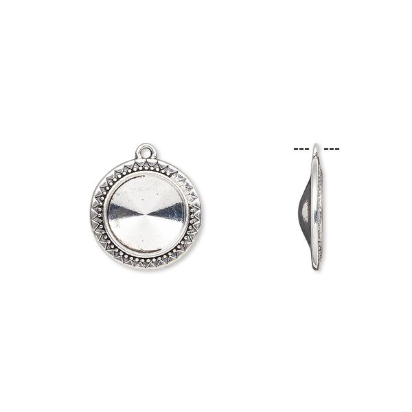Drop, Almost Instant Jewelry&reg;, antique silver-finished "pewter" (zinc-based alloy), 23mm round with triangle and beaded design with 16mm rivoli setting. Sold per pkg of 6. image number 0