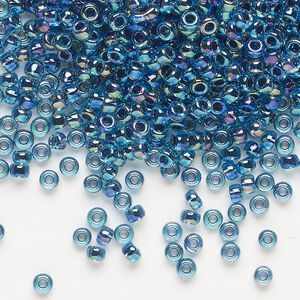 Seed bead, Miyuki, glass, pkg/50g, #8 rocaille, translucent blue-lined rainbow aqua (RR-339).