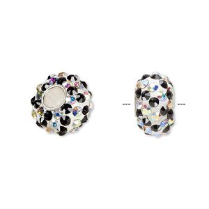 Bead 1pkg1 sterling silver, 13x8mm-14x8mm rondelle / spiral, epoxy / glass rhinestone / white / black / clear AB Dione&reg;
