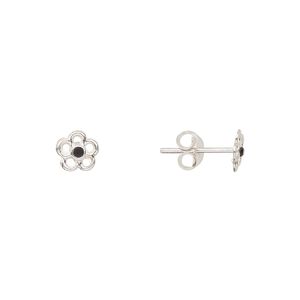 Earstud, Create Compliments&reg;, sterling silver and crystal, jet, 6mm flower. Sold per pair.