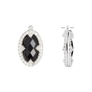 Drop, black onyx (dyed) / cubic zirconia / sterling silver, clear, 18x12mm double-sided faceted oval. Sold individually.