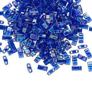 Seed bead, TILA&reg;, glass, pkg/10g, 5x2.3mm half tila rectangle, translucent rainbow dark cobalt, (HTL-177).