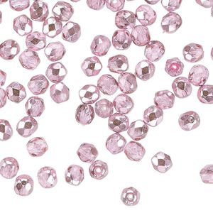 Czech fire-polished glass 1pkg100, faceted round bead half-coated opaque metallic bubblegum 4mm