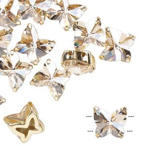 Sew-on 12pk honey gold plate, Preciosa Czech crystal 10mm spacer butterfly