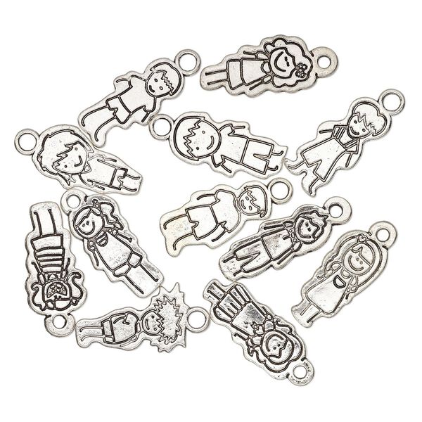 Charm, antique silver-plated "pewter" (zinc-based alloy), 26x13.5mm assorted double-sided boy and double-sided girl. Sold per pkg of 12. image number 0