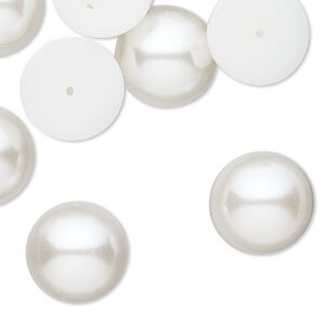 Cabochon, vintage Japanese acrylic pearl, white, 14mm half-drilled non-calibrated round. Sold per pkg of 10.