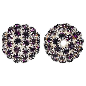 Bead 1pkg1 silver-finished, 27mm round / 5mm chatons, brass / purple rhinestone