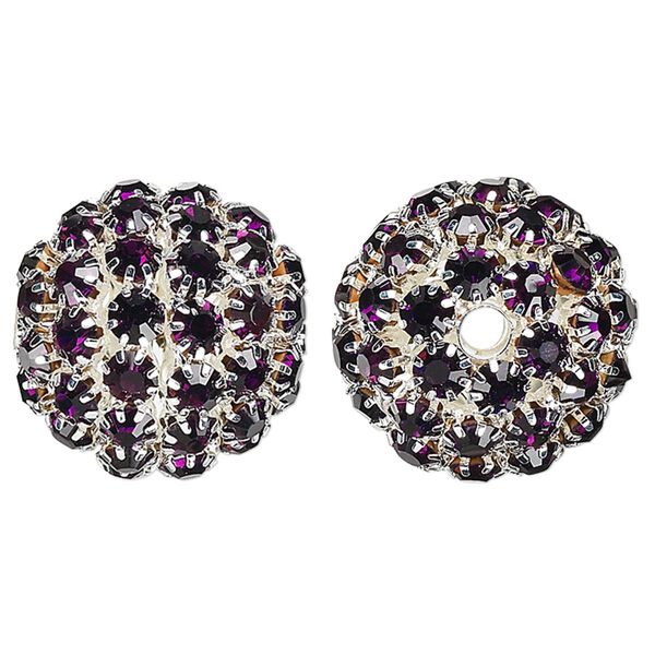 Bead 1pkg1 silver-finished, 27mm round / 5mm chatons, brass / purple rhinestone image number 0