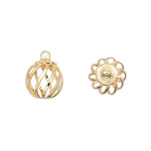 Drop, gold-plated steel and brass, 11mm swirled round bead cage. Sold per pkg of 20.