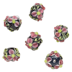 Bead, lampworked glass 1pkg6, multicolored, 19x14mm rondelle with flowers.