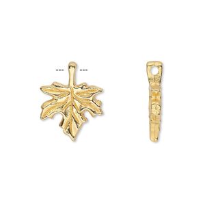 Charm, gold-finished "pewter" (zinc-based alloy), 13mm single-sided leaf. Sold per pkg of 20.