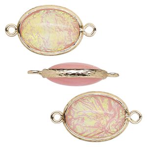 Link, Opalized Ice&trade;, "opal" (resin) and gold-finished brass, light pink, 20x15mm double-sided oval. Sold per pkg of 4.