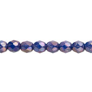 Bead, Czech fire-polished glass, opaque dark blue nebula, 6mm faceted round. Sold per 15-1/2" to 16" strand.