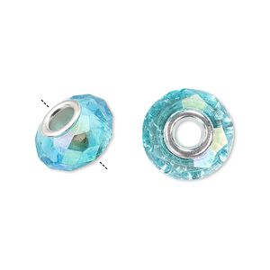 Bead 10pk 32 facets turquoise blue AB silver plate, Celestial Crystal&reg; Dione&reg; 14x9mm rondelle