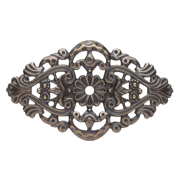 Focal, antique gold-plated steel, 59x35mm single-sided wavy flat oval with 3mm center hole. Sold per pkg of 6. image number 0