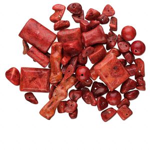 Bead mix, sponge coral (dyed), red, 3-40mm mixed shape, Mohs hardness 3-1/2 to 4. Sold per 1/4 pound pkg, approximately 90-170 beads.