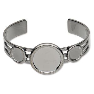 Bracelet, Almost Instant Jewelry&reg;, cuff, gunmetal-plated brass and "pewter" (zinc-based alloy), 25mm wide with (2) 10mm and (1) 20mm round settings, adjustable. Sold individually.