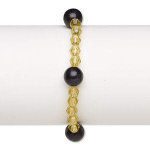 Bracelet, stretch, blackstone (dyed) and acrylic, yellow, 5-6mm faceted round and 9-10mm round, 6-1/2 inches. Sold individually.