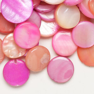 Mother-of-pearl shell 1pkg4oz, puffed flat round bead mix multi-pink 13-16mm
