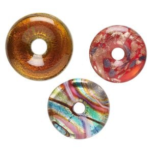 Random focal mix, lampworked glass, pkg/3, opaque mixed colors with silver-colored foil and copper-colored glitter, 29-36mm undrilled donut.