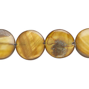 Mother-of-pearl shell 1pkg1, puffed flat round bead 15 inch golden brown 14-15mm