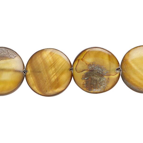 Mother-of-pearl shell 1pkg1, puffed flat round bead 15 inch golden brown 14-15mm image number 0