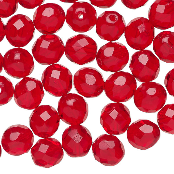 Bead 1pkg50, Czech fire-polished glass, translucent ruby red, 8mm faceted round. image number 0