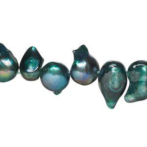 Pearl, cultured freshwater (dyed), spruce, 9x7mm-17x10mm baroque with 0.4mm hole, D grade, Mohs hardness 2-1/2 to 4. Sold per 15-inch strand.