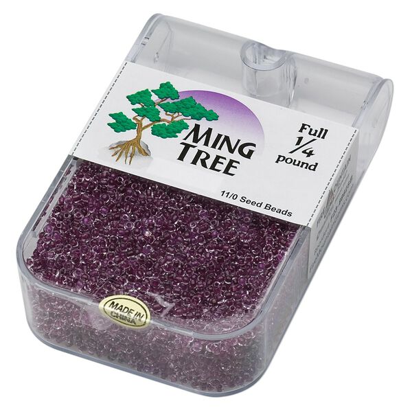 Seed bead, Ming Tree&trade;, glass, pkg/1/4 pound, #11 round, transparent color-lined amethyst purple. image number 0