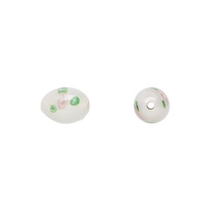 Bead, Czech lampworked glass, opaque white / pink / green, 9x6mm-10x7mm olive with flower design. Sold per pkg of 4.