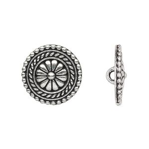 Button, TierraCast&reg;, antique silver-plated pewter (tin-based alloy), 18mm beaded flat round with flower and loop. Sold per pkg of 20.