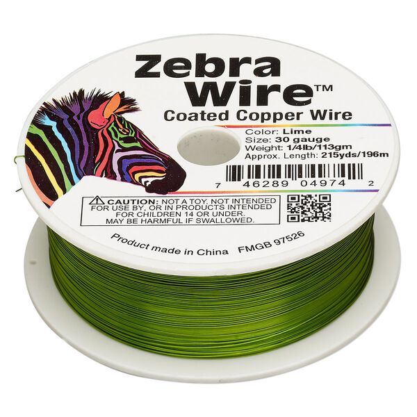 Wire, Zebra Wire&trade;, color-coated copper, lime green, round, 30 gauge. Sold per 1/4 pound spool, approximately 215 yards. image number 0